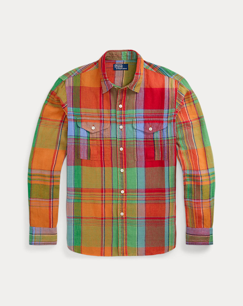 Classic Fit Plaid Linen Workshirt Red Orange Multi
