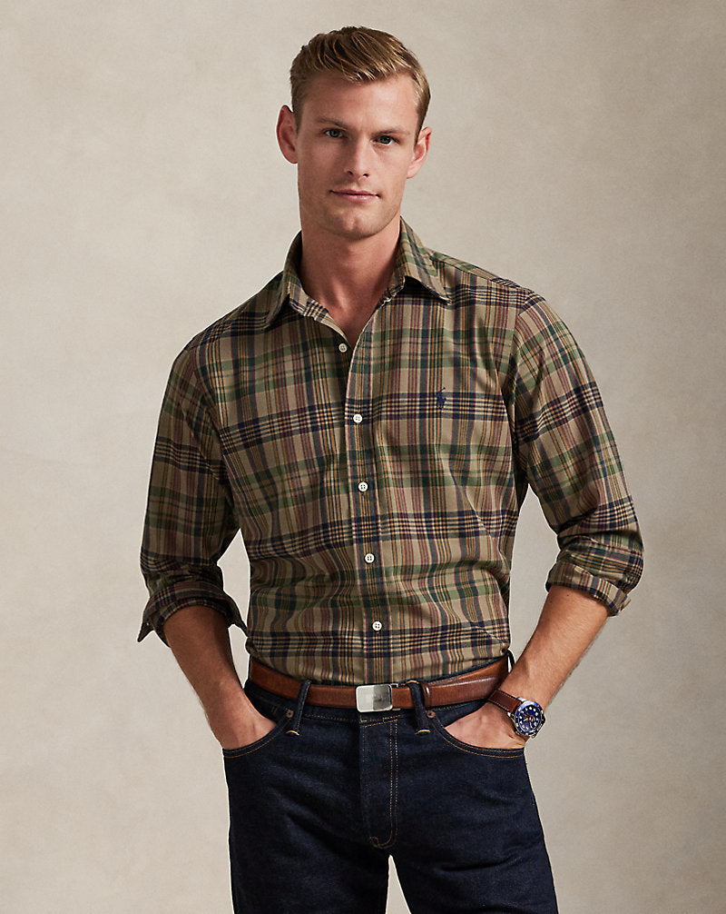 Custom Fit Plaid Performance Shirt Khaki Navy Multi