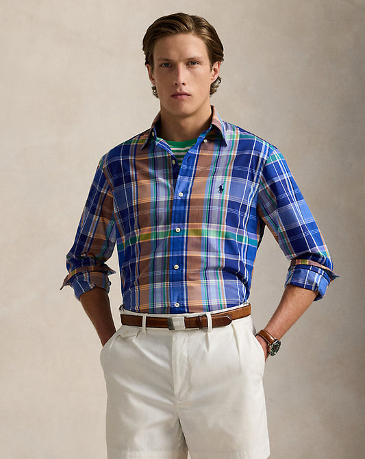 Custom Fit Plaid Stretch Poplin Shirt Blue Orange Multi