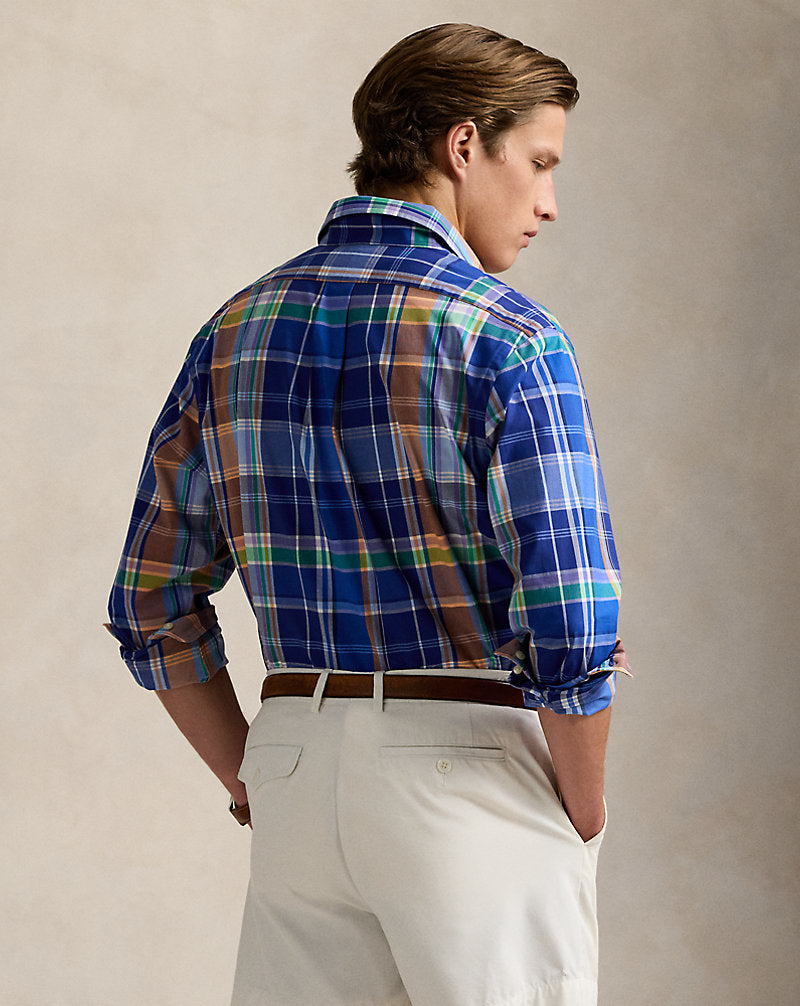 Custom Fit Plaid Stretch Poplin Shirt Blue Orange Multi