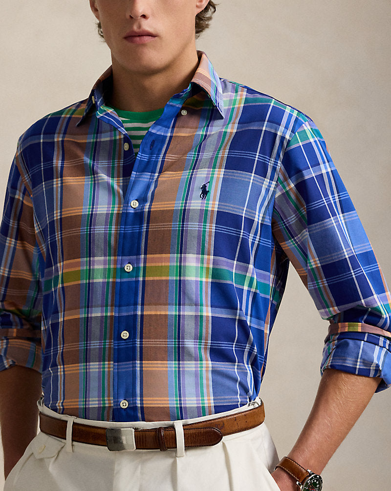 Custom Fit Plaid Stretch Poplin Shirt Blue Orange Multi