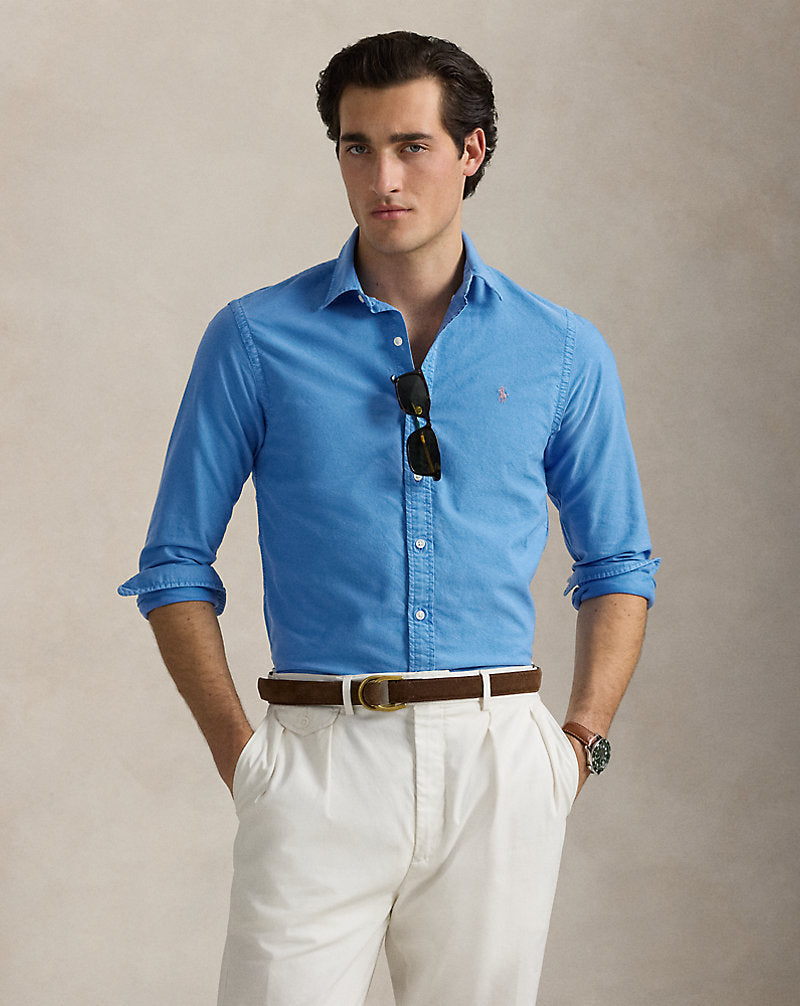 Slim Fit Garment-Dyed Oxford Shirt Blue Orbit