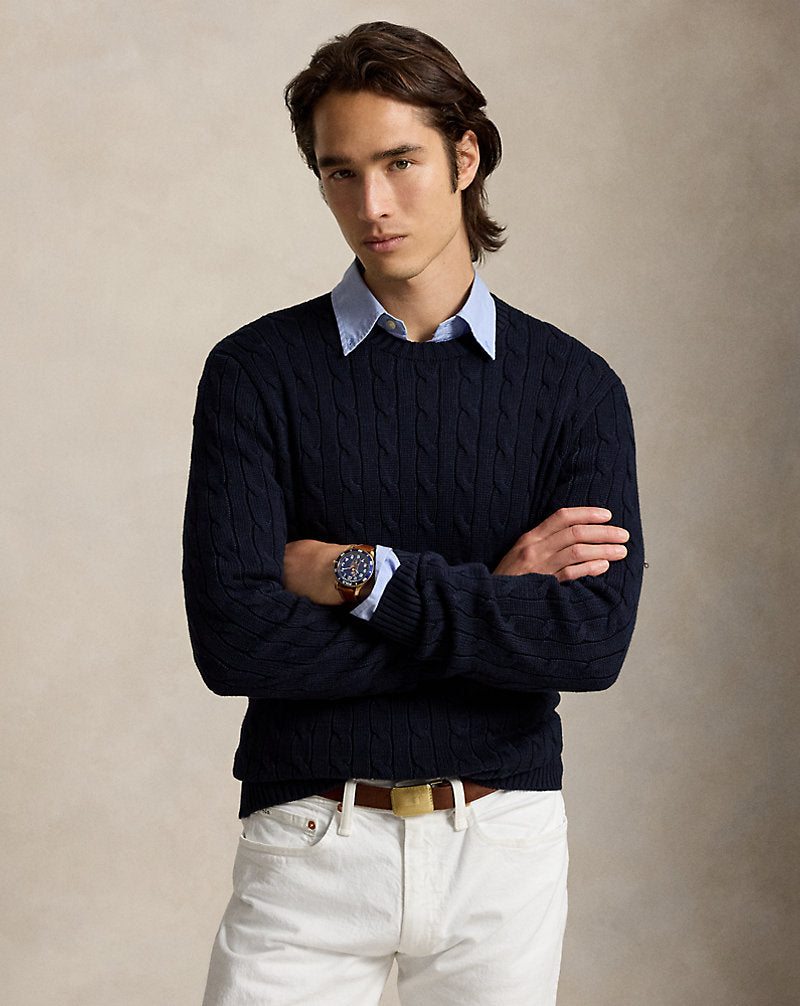 Cable-Knit Cotton Crewneck Jumper Hunter Navy