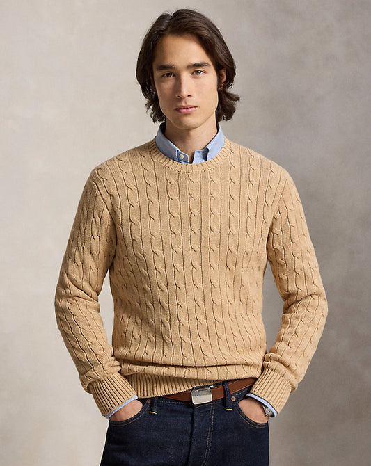 Cable-Knit Cotton Crewneck Jumper Camel Melange