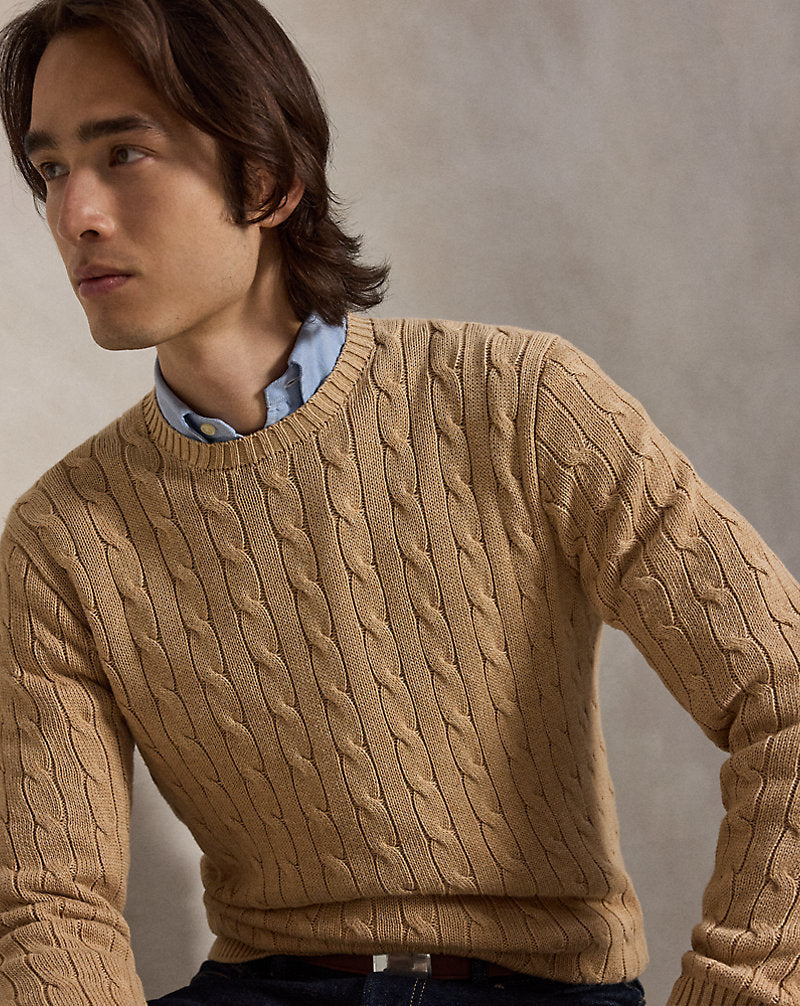 Cable-Knit Cotton Crewneck Jumper Camel Melange