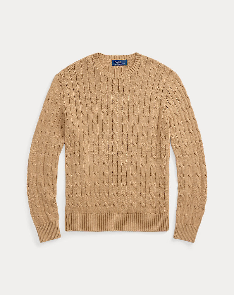 Cable-Knit Cotton Crewneck Jumper Camel Melange