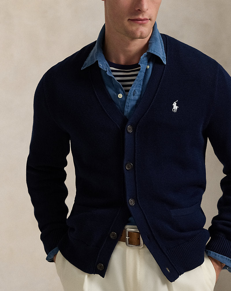 Cotton V-Neck Cardigan Hunter Navy/White Pp