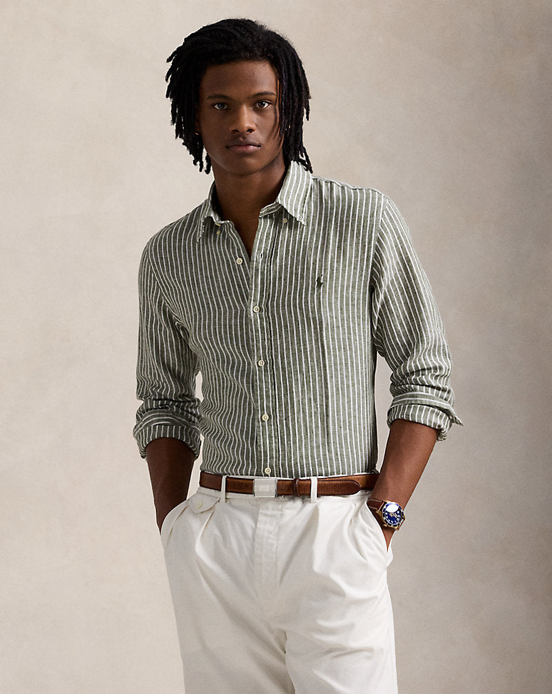 Custom Fit Striped Linen Shirt New Olive White