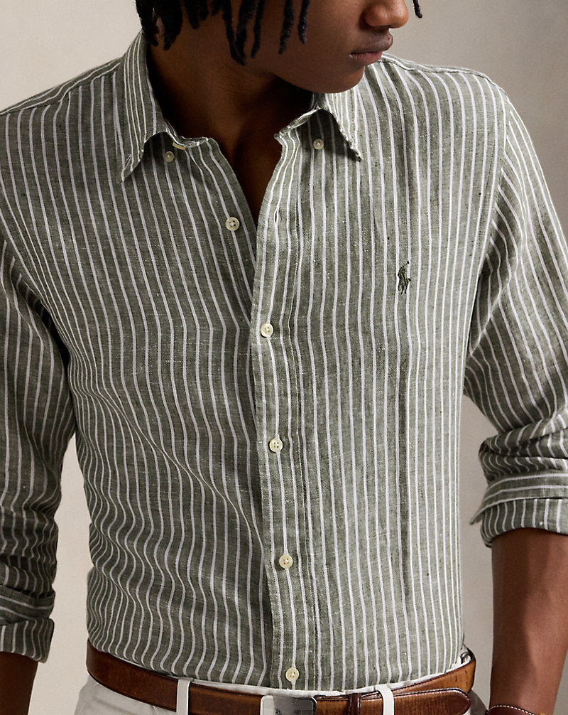 Custom Fit Striped Linen Shirt New Olive White