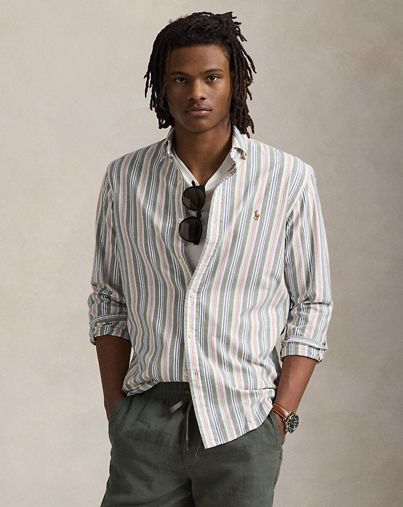 Custom Fit Striped Oxford Shirt Olive Orange Multi