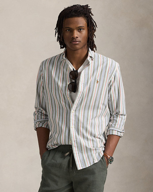 Custom Fit Striped Oxford Shirt Olive Orange Multi