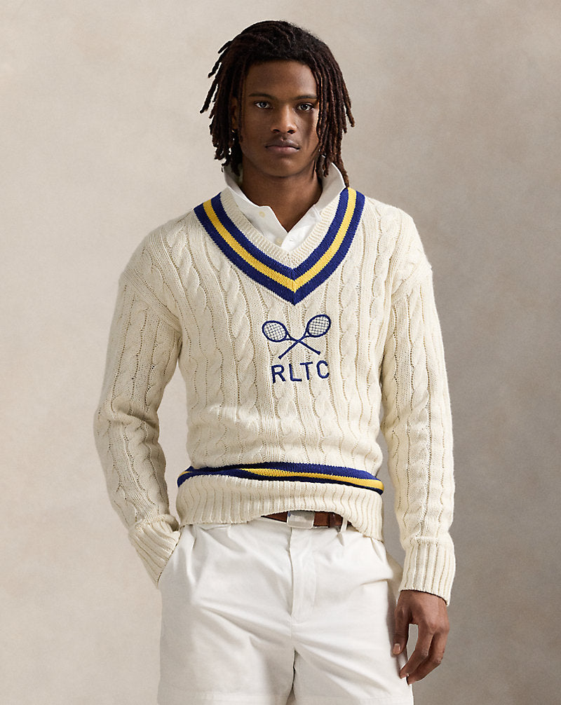 Embroidered Cotton-Blend Cricket Jumper Cream Combo