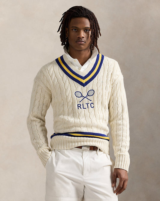 Embroidered Cotton-Blend Cricket Jumper Cream Combo
