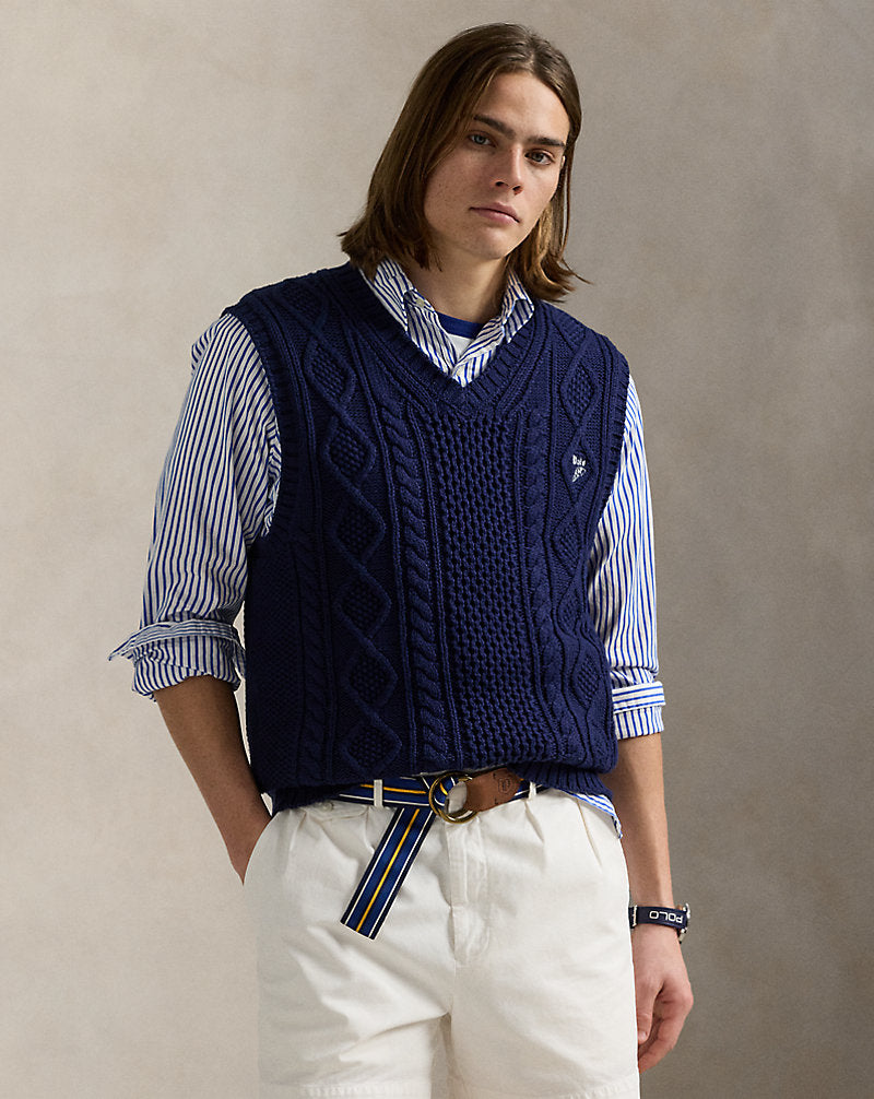 Aran-Knit Cotton Sleeveless Jumper Bright Navy