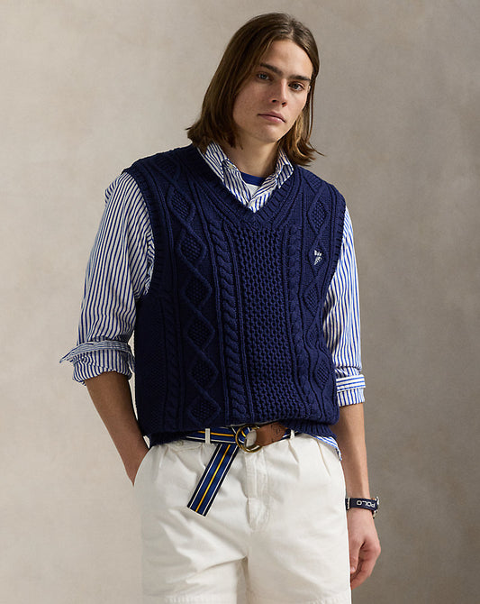 Aran-Knit Cotton Sleeveless Jumper Bright Navy