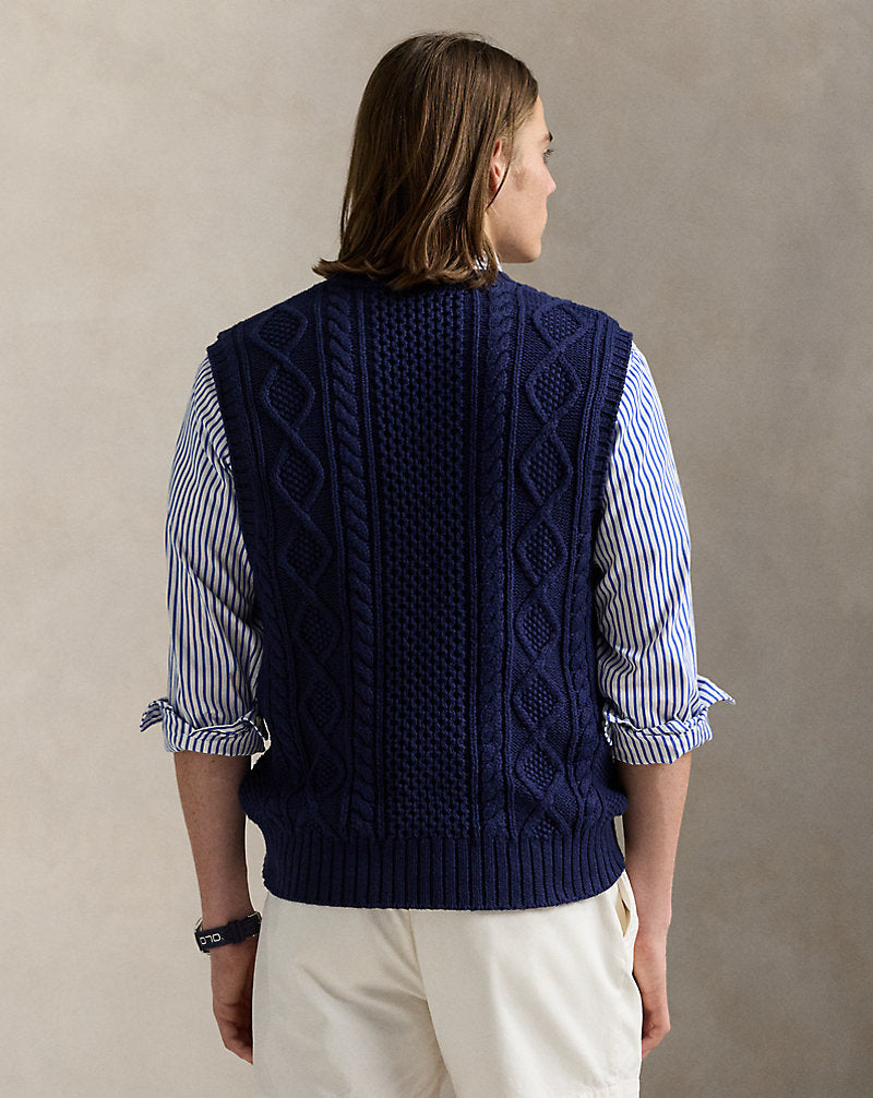 Aran-Knit Cotton Sleeveless Jumper Bright Navy