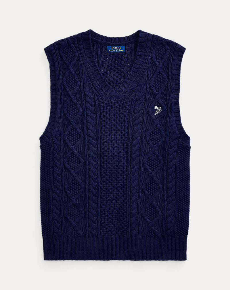 Aran-Knit Cotton Sleeveless Jumper Bright Navy