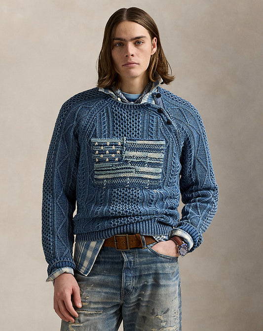 Aran-Knit Flag Cotton Jumper Indigo Combo