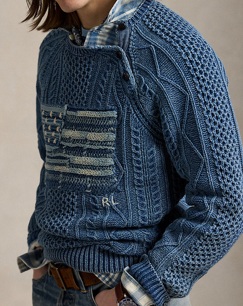 Aran-Knit Flag Cotton Jumper Indigo Combo