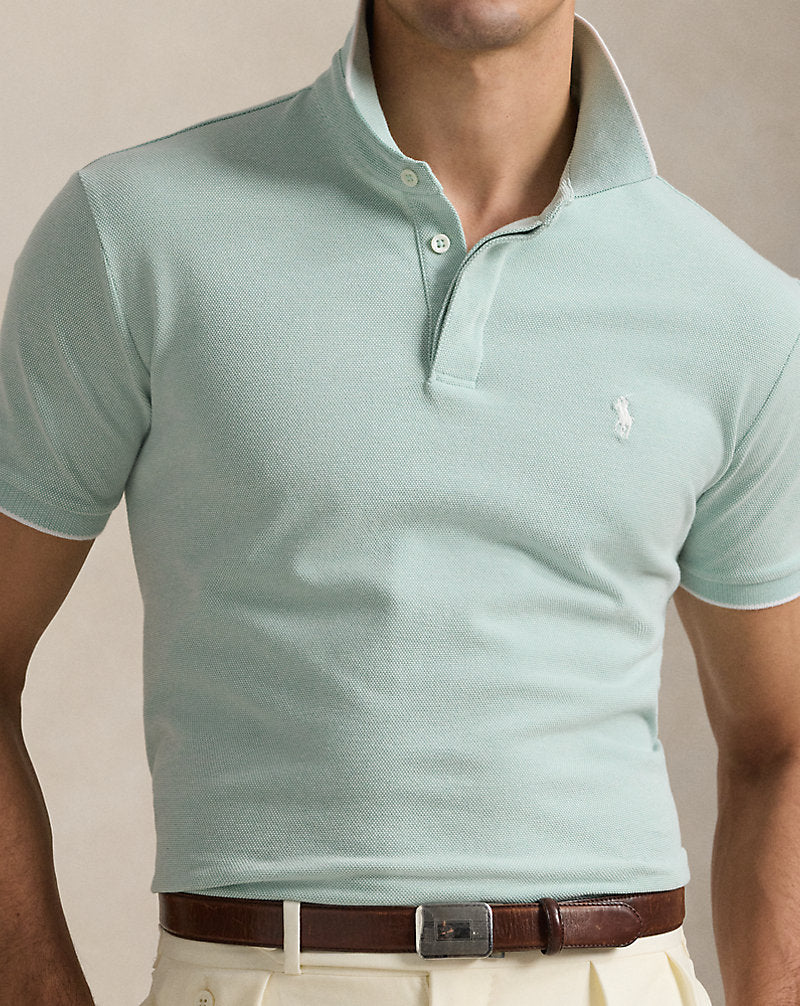 Custom Slim Fit Stretch Oxford Mesh Polo Celadon/White