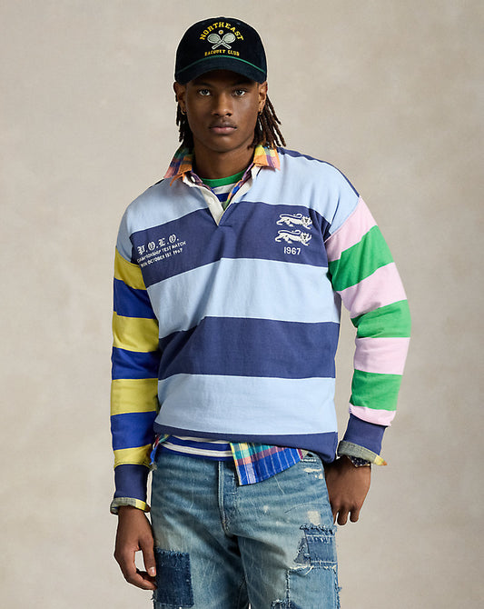 Vintage Fit Striped Jersey Rugby Shirt Newport Navy Multi