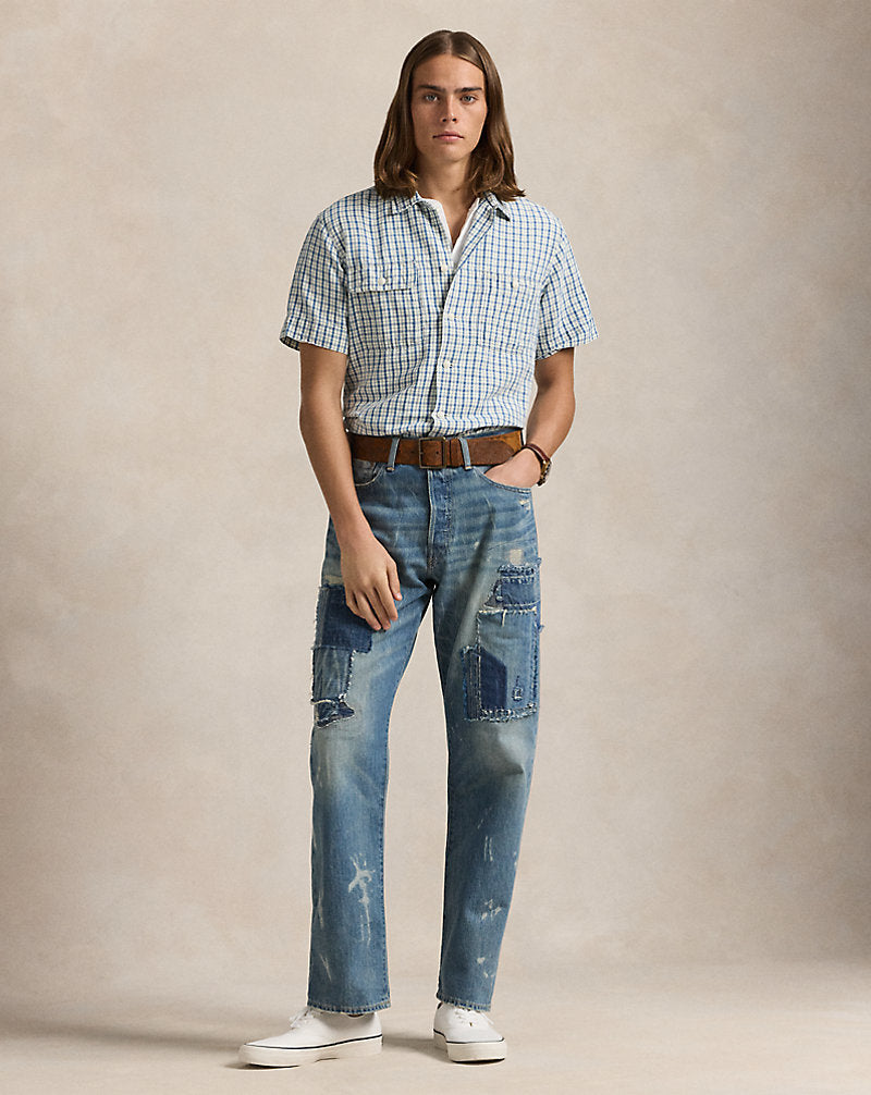 Classic Fit Plaid Cotton-Linen Shirt Indigo Cream