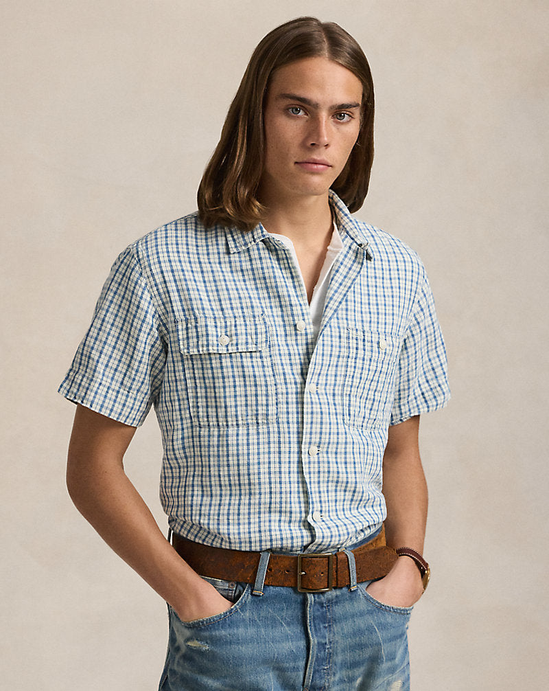 Classic Fit Plaid Cotton-Linen Shirt Indigo Cream