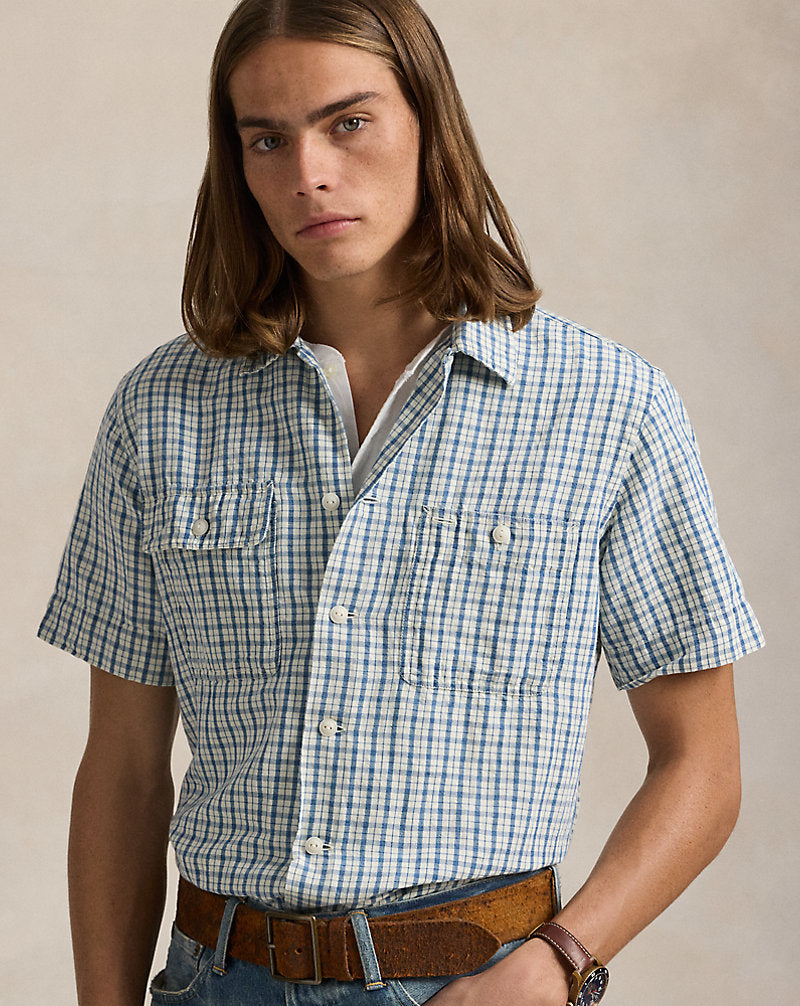 Classic Fit Plaid Cotton-Linen Shirt Indigo Cream