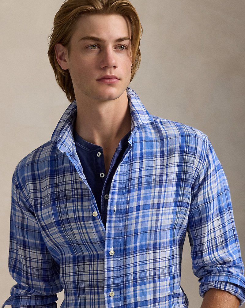 Classic Fit Plaid Linen Shirt Blue Multi