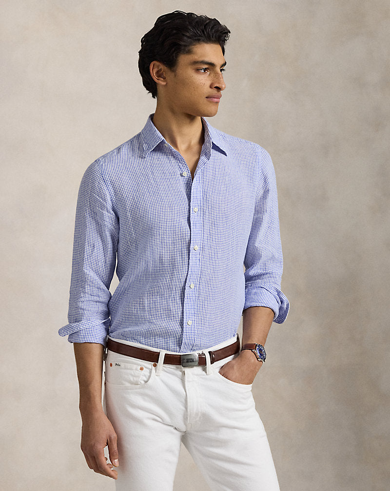 Classic Fit Checked Linen Shirt Blue White