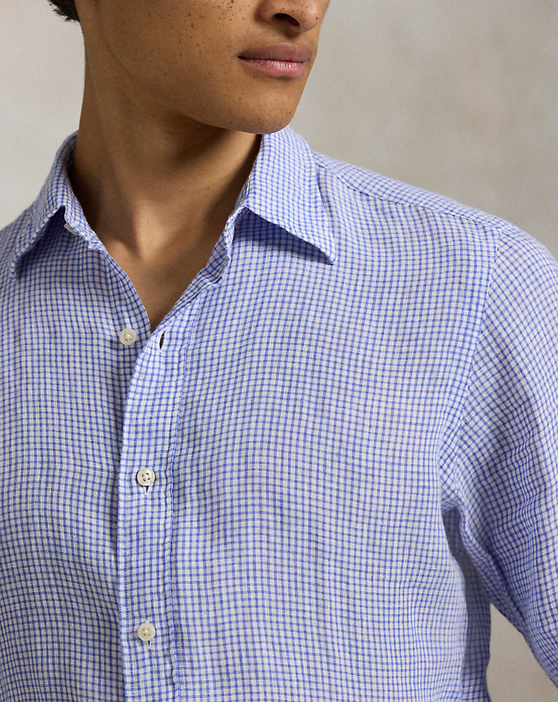 Classic Fit Checked Linen Shirt Blue White