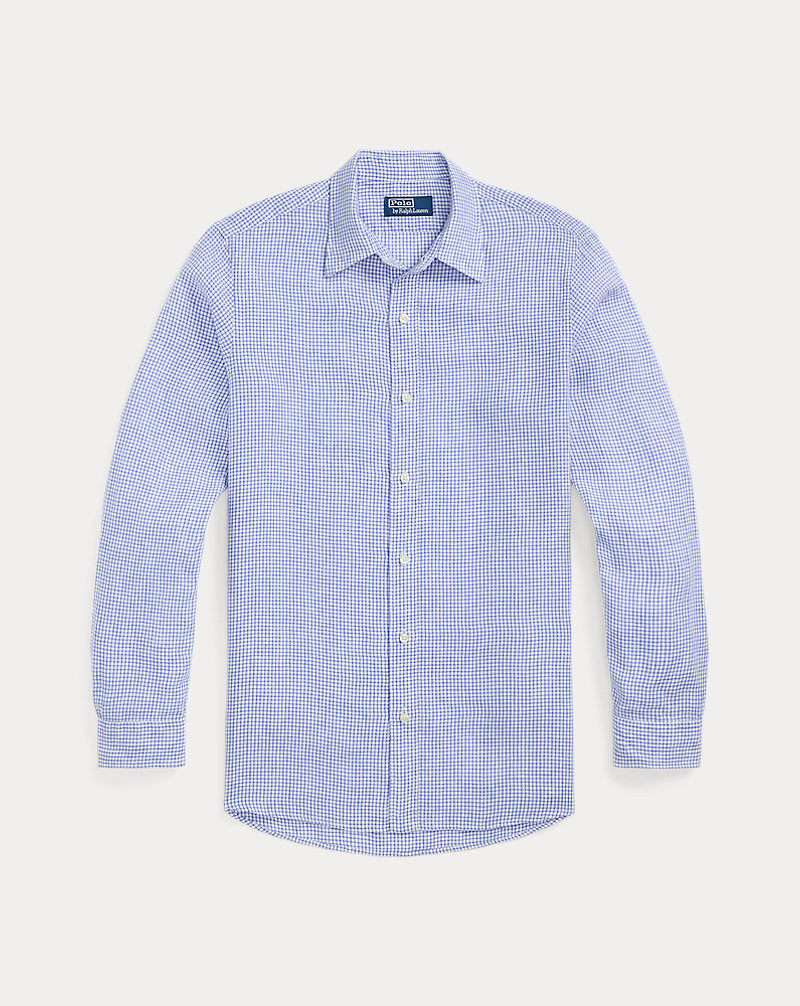 Classic Fit Checked Linen Shirt Blue White