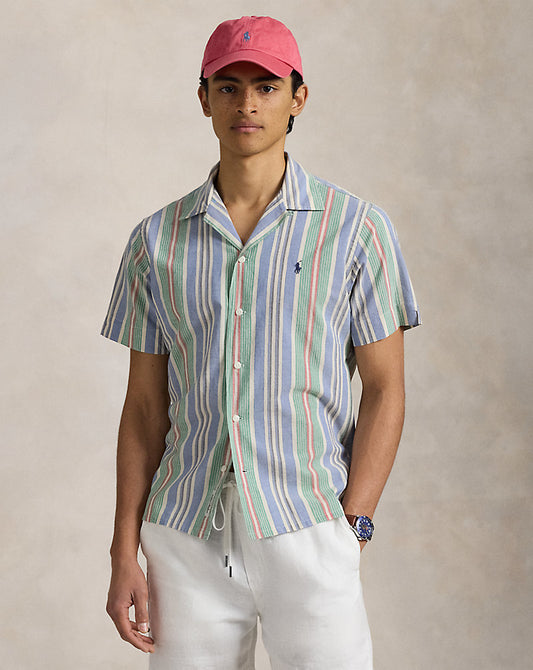 Classic Fit Striped Chambray Camp Shirt Blue/Green Multi