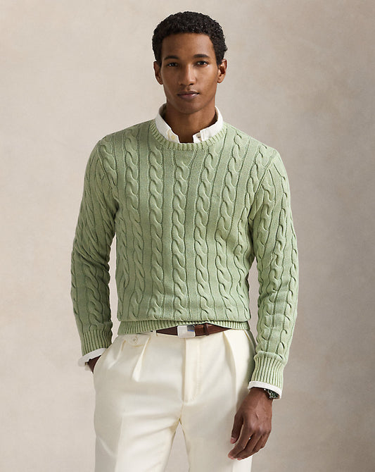 Cable-Knit Mineral-Dyed Cotton Jumper Greenstone