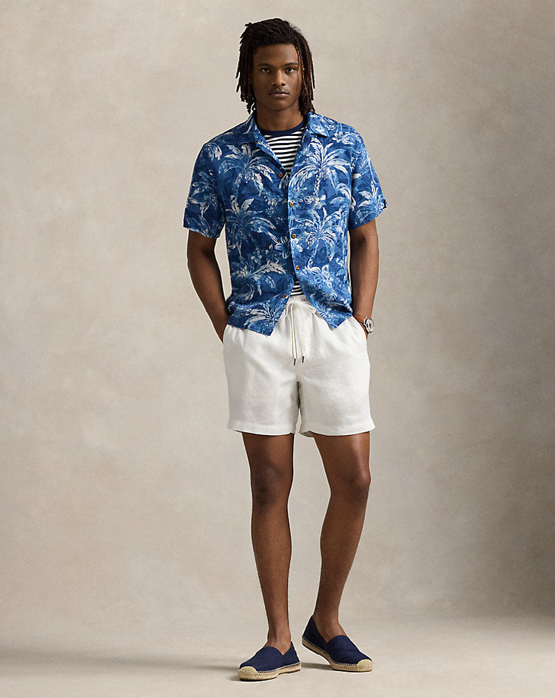 Classic Fit Tropical-Print Linen Shirt Indigo Palm Shadow