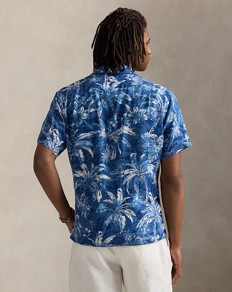 Classic Fit Tropical-Print Linen Shirt Indigo Palm Shadow