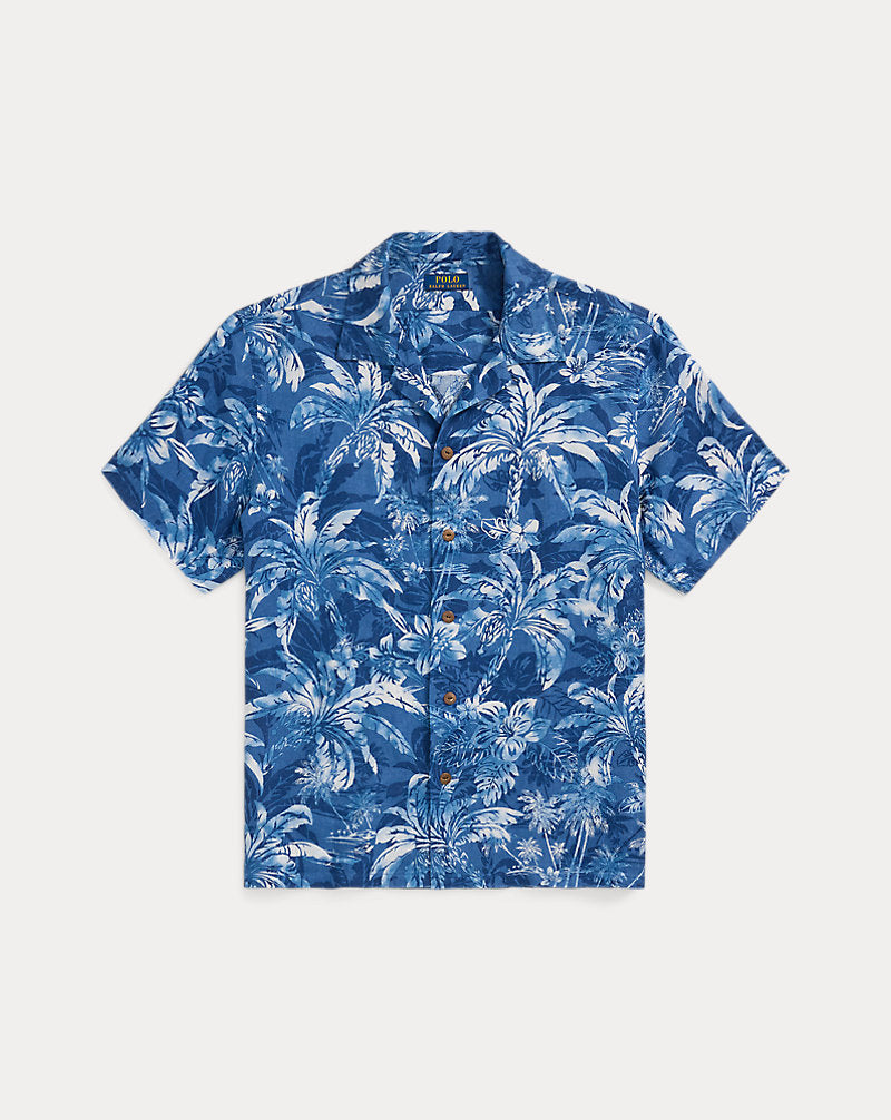 Classic Fit Tropical-Print Linen Shirt Indigo Palm Shadow