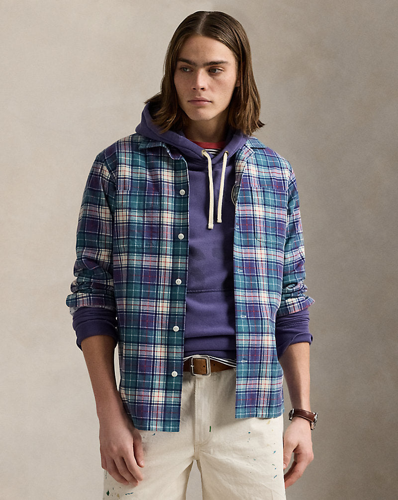 Classic Fit Plaid Flannel Camp Shirt Green/Navy Multi