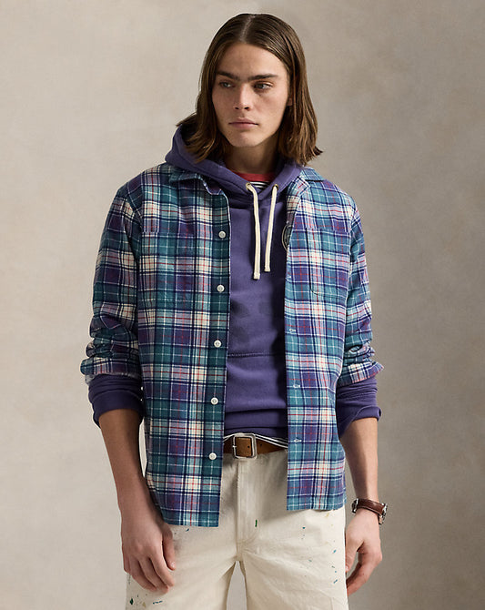 Classic Fit Plaid Flannel Camp Shirt Green/Navy Multi