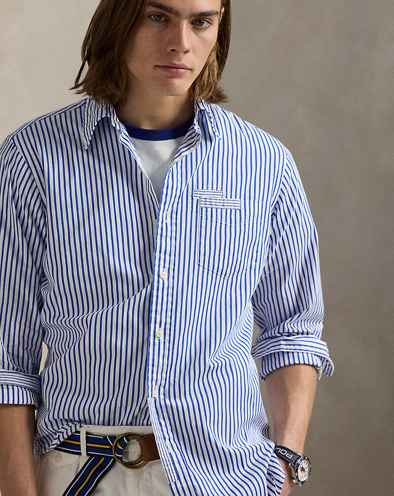 Classic Fit Repaired Poplin Shirt Blue White Mending