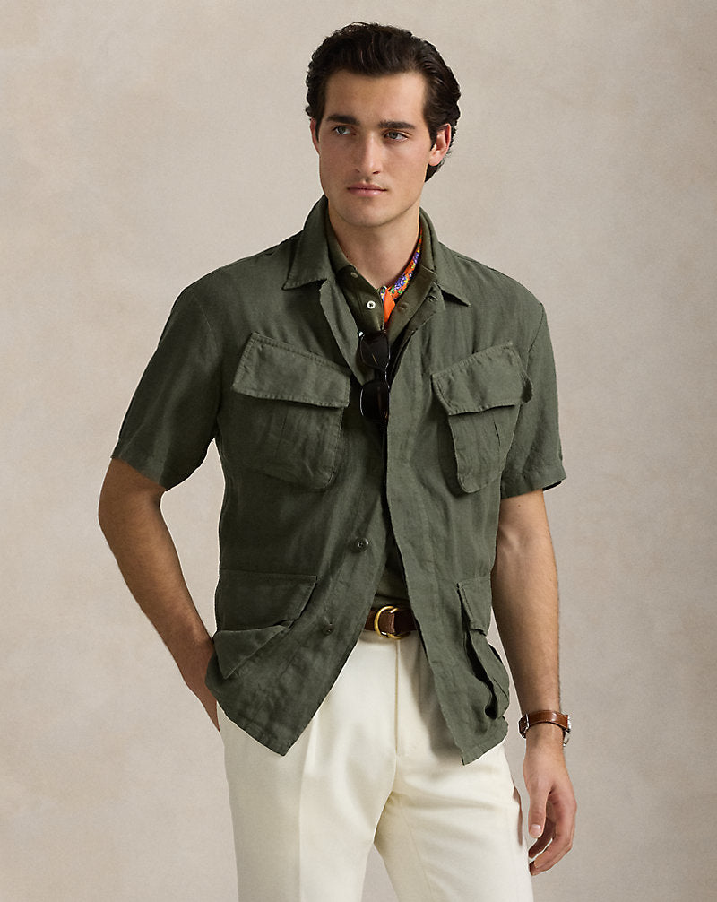 Garment-Dyed Slub Linen Overshirt New Olive