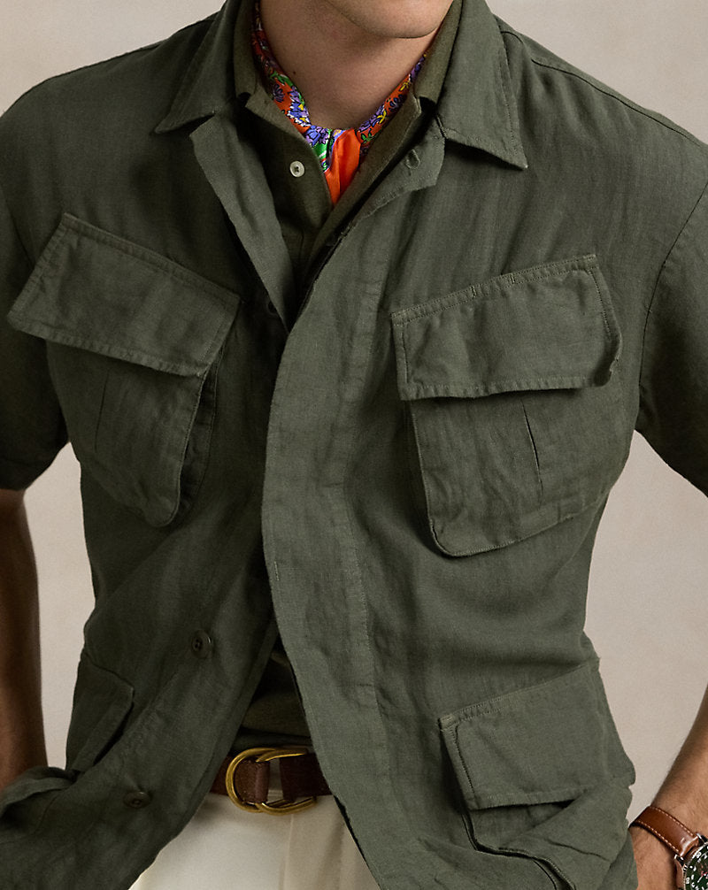 Garment-Dyed Slub Linen Overshirt New Olive