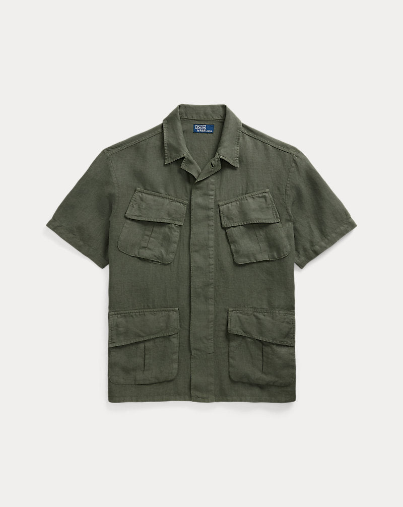 Garment-Dyed Slub Linen Overshirt New Olive