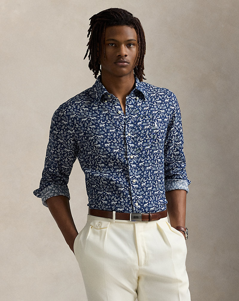Custom Fit Print Linen Shirt Jaguar Palms