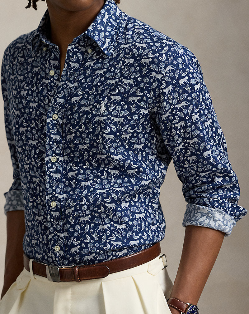 Custom Fit Print Linen Shirt Jaguar Palms