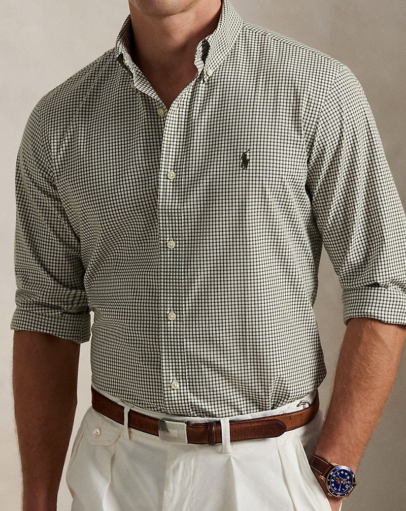 Custom Fit Checked Stretch Poplin Shirt White New Olive