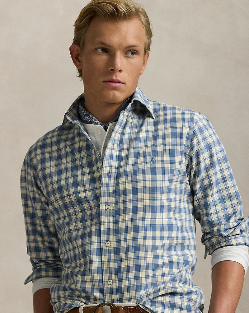 Custom Fit Plaid Oxford Shirt Blue Cream