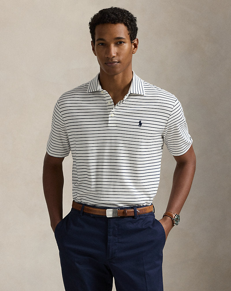 Custom Slim Fit Striped Soft Cotton Polo White/Refined Navy
