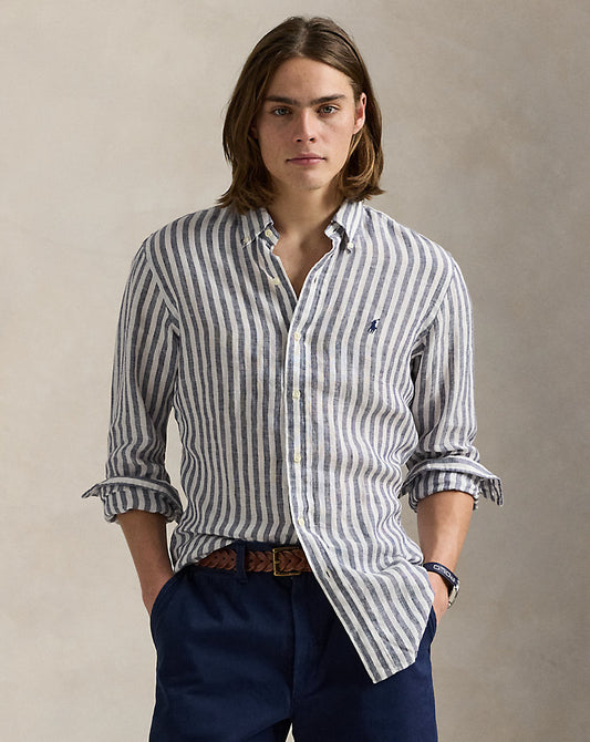 Custom Fit Striped Linen Shirt Navy/White