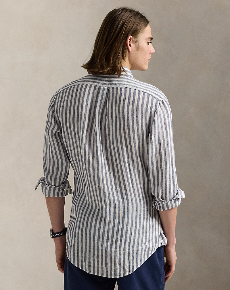Custom Fit Striped Linen Shirt Navy/White